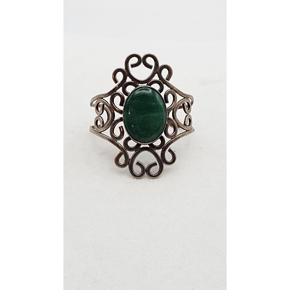 Sterling Silver Ornate Scrollwork Cuff Bracelet With Green Stone Centerpiece
